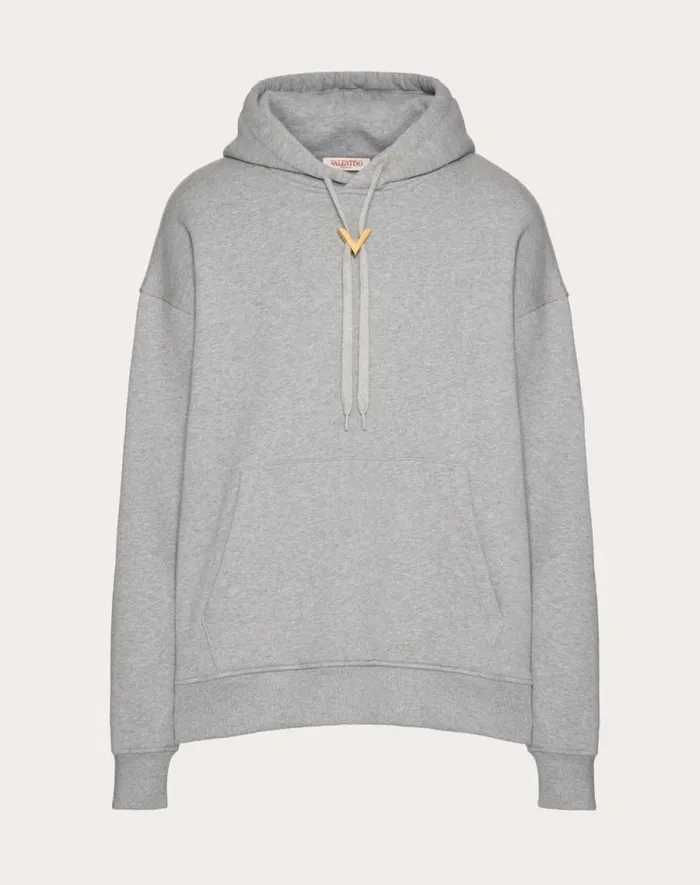 Valentino Tshirts And Sweatshirts Man Cotton Hooded Sweatshirt With Metallic V Detail For Man In Grey Grey Valentino Tshirts And Sweatshirts Man Cotton Hooded Sweatshirt With Metallic V Detail For Man In Grey Grey