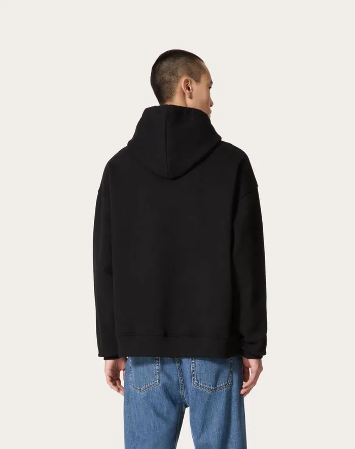 Valentino Tshirts And Sweatshirts Man Cotton Hooded Sweatshirt With Metallic V Detail For Man In Grey Grey Valentino Tshirts And Sweatshirts Man Cotton Hooded Sweatshirt With Metallic V Detail For Man In Grey Grey