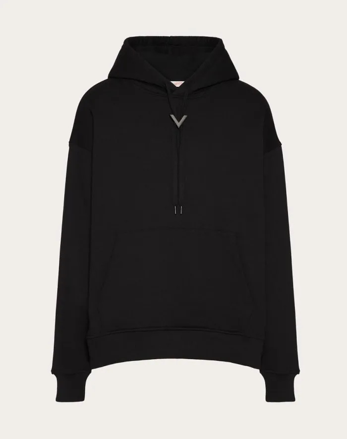 Valentino Tshirts And Sweatshirts Man Cotton Hooded Sweatshirt With Metallic V Detail For Man In Grey Grey Valentino Tshirts And Sweatshirts Man Cotton Hooded Sweatshirt With Metallic V Detail For Man In Grey Grey