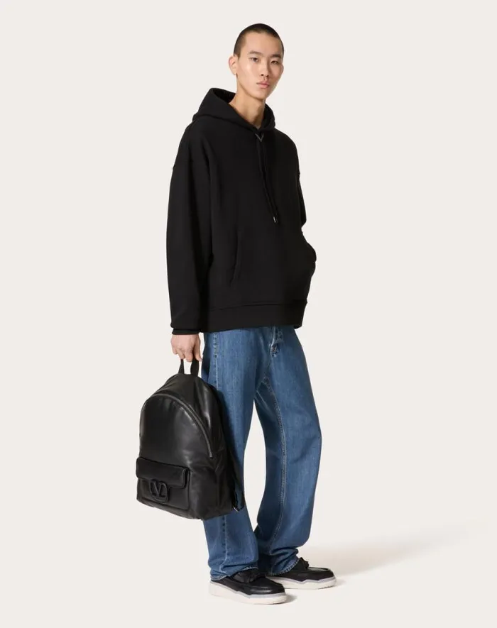 Valentino Tshirts And Sweatshirts Man Cotton Hooded Sweatshirt With Metallic V Detail For Man In Grey Grey Valentino Tshirts And Sweatshirts Man Cotton Hooded Sweatshirt With Metallic V Detail For Man In Grey Grey