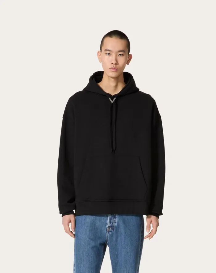 Valentino Tshirts And Sweatshirts Man Cotton Hooded Sweatshirt With Metallic V Detail For Man In Grey Grey Valentino Tshirts And Sweatshirts Man Cotton Hooded Sweatshirt With Metallic V Detail For Man In Grey Grey