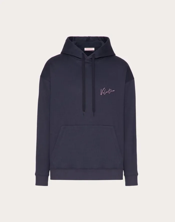 Valentino Tshirts And Sweatshirts Man Cotton Hooded Sweatshirt With Valentino Embroidery And Vlogo Signature Print For Man In Navy Navy Valentino Tshirts And Sweatshirts Man Cotton Hooded Sweatshirt With Valentino Embroidery And Vlogo Signature Print For Man In Navy Navy