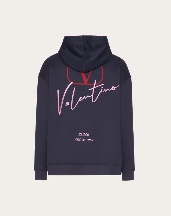 Valentino Tshirts And Sweatshirts Man Cotton Hooded Sweatshirt With Valentino Embroidery And Vlogo Signature Print For Man In Navy Navy