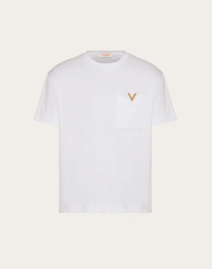 Valentino Tshirts And Sweatshirts Man Cotton Tshirt With Metallic V Detail For Man In Black Black Valentino Tshirts And Sweatshirts Man Cotton Tshirt With Metallic V Detail For Man In Black Black
