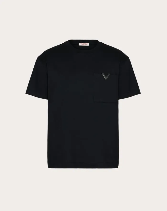 Valentino Tshirts And Sweatshirts Man Cotton Tshirt With Metallic V Detail For Man In Black Black Valentino Tshirts And Sweatshirts Man Cotton Tshirt With Metallic V Detail For Man In Black Black