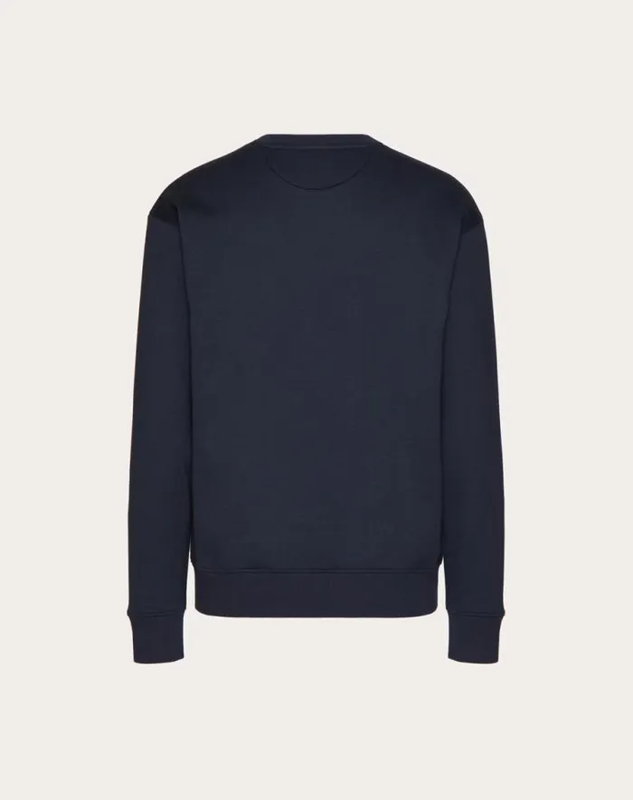 Valentino Tshirts And Sweatshirts Man Technical Cotton Crewneck Sweatshirt With Rubberized V Detail For Man In Navy Navy