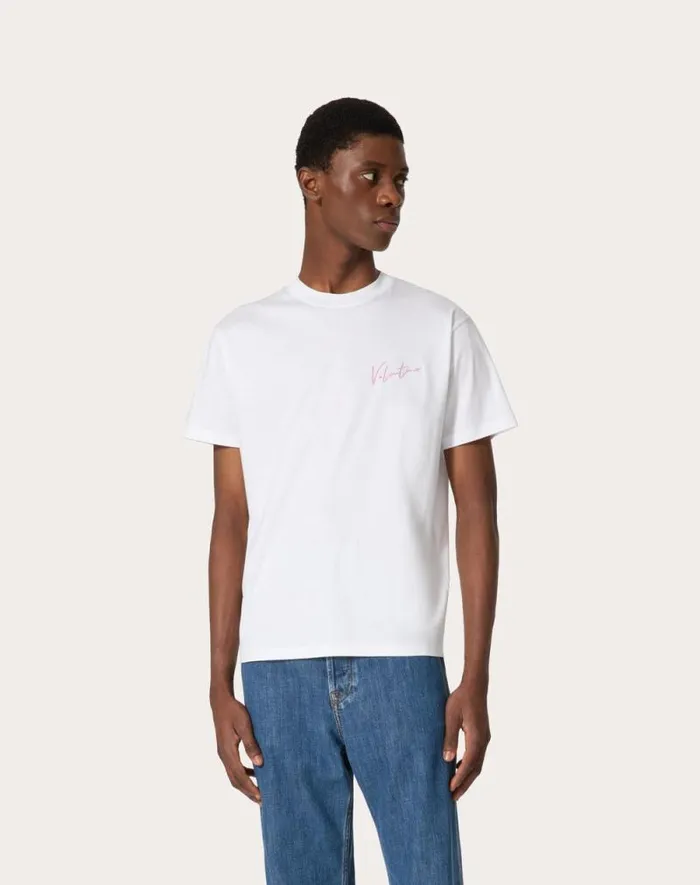 Valentino Tshirts And Sweatshirts Man Valentino Embroidery And Vlogo Signature Print Cotton Tshirt For Man In Stone Stone Valentino Tshirts And Sweatshirts Man Valentino Embroidery And Vlogo Signature Print Cotton Tshirt For Man In Stone Stone