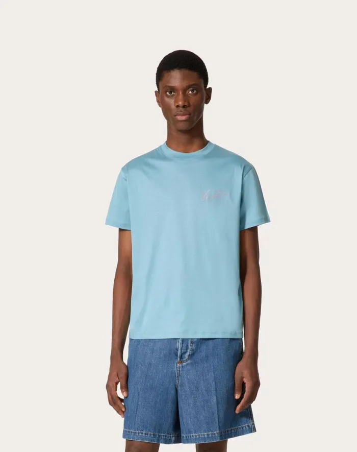 Valentino Tshirts And Sweatshirts Man Valentino Embroidery And Vlogo Signature Print Cotton Tshirt For Man In Stone Stone Valentino Tshirts And Sweatshirts Man Valentino Embroidery And Vlogo Signature Print Cotton Tshirt For Man In Stone Stone