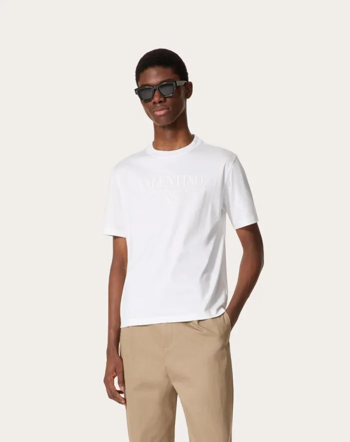 Valentino Tshirts And Sweatshirts Man Valentino Print Cotton Crewneck Tshirt For Man In White White