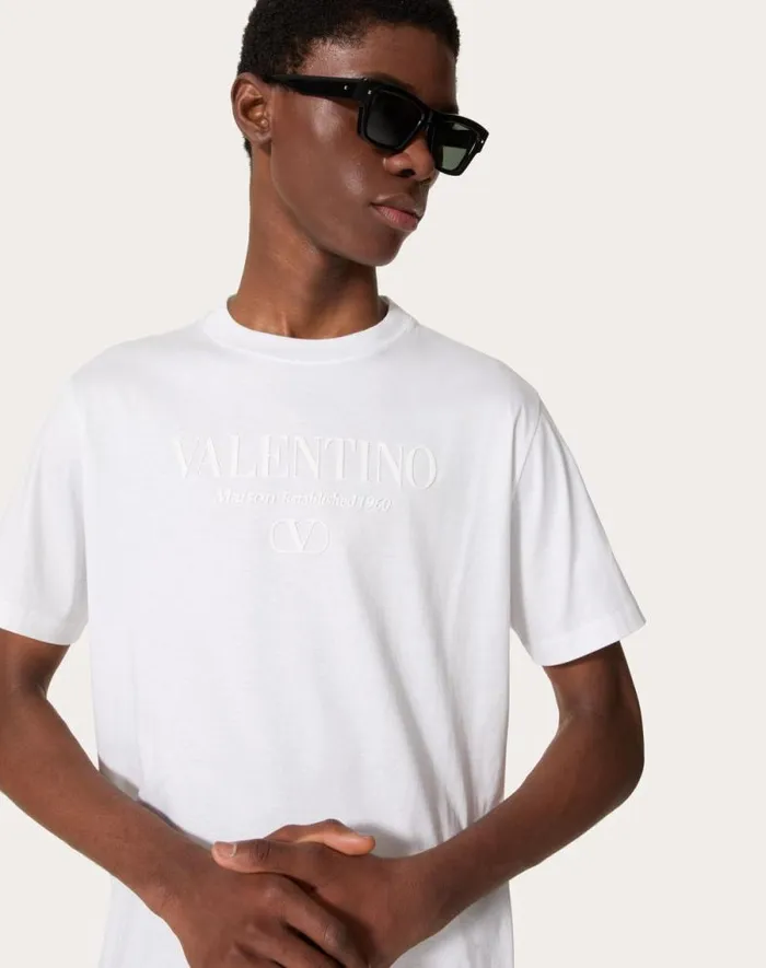 Valentino Tshirts And Sweatshirts Man Valentino Print Cotton Crewneck Tshirt For Man In White White