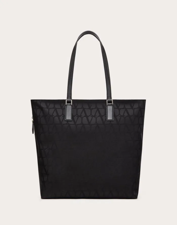 Valentino Totes Man Toile Iconographe Shopping Bag In Technical Fabric With Leather Details For Man In Black Black Valentino Totes Man Toile Iconographe Shopping Bag In Technical Fabric With Leather Details For Man In Black Black