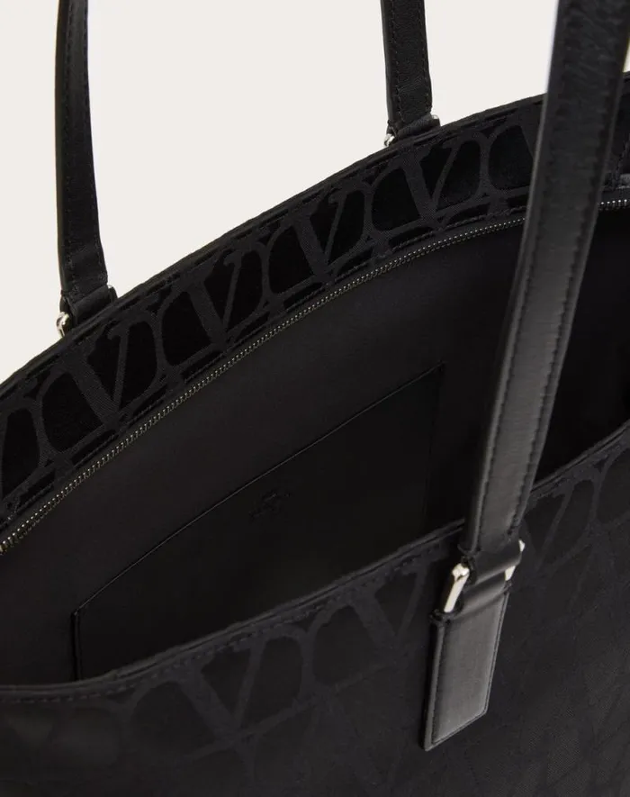Valentino Totes Man Toile Iconographe Shopping Bag In Technical Fabric With Leather Details For Man In Black Black Valentino Totes Man Toile Iconographe Shopping Bag In Technical Fabric With Leather Details For Man In Black Black