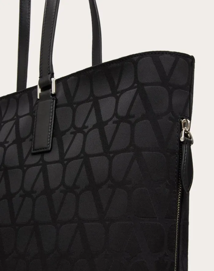 Valentino Totes Man Toile Iconographe Shopping Bag In Technical Fabric With Leather Details For Man In Black Black Valentino Totes Man Toile Iconographe Shopping Bag In Technical Fabric With Leather Details For Man In Black Black