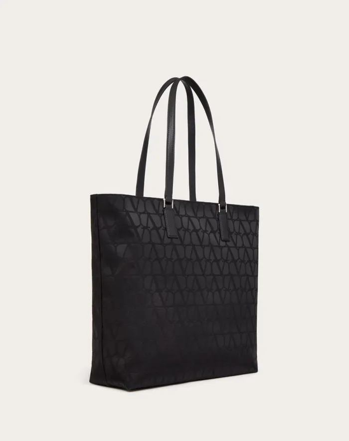 Valentino Totes Man Toile Iconographe Shopping Bag In Technical Fabric With Leather Details For Man In Black Black Valentino Totes Man Toile Iconographe Shopping Bag In Technical Fabric With Leather Details For Man In Black Black