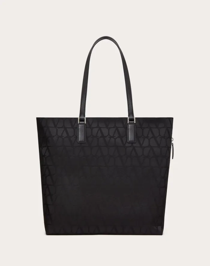 Valentino Totes Man Toile Iconographe Shopping Bag In Technical Fabric With Leather Details For Man In Black Black Valentino Totes Man Toile Iconographe Shopping Bag In Technical Fabric With Leather Details For Man In Black Black