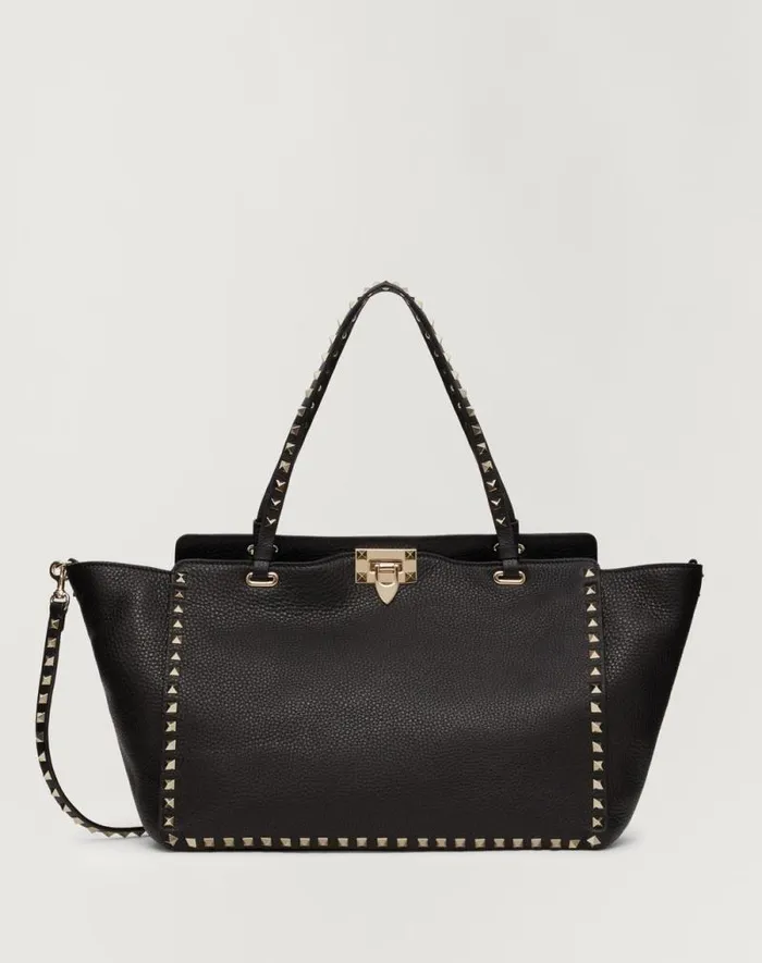 Valentino Totes Woman Medium Grainy Calfskin Rockstud Bag For Woman In Black Black Valentino Totes Woman Medium Grainy Calfskin Rockstud Bag For Woman In Black Black