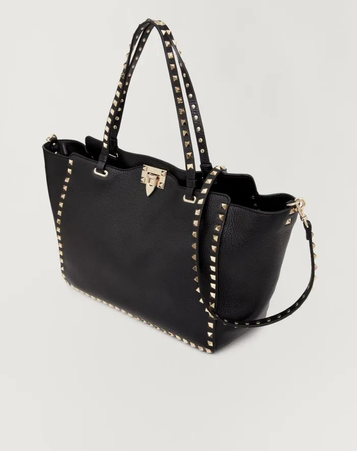 Valentino Totes Woman Medium Grainy Calfskin Rockstud Bag For Woman In Black Black Valentino Totes Woman Medium Grainy Calfskin Rockstud Bag For Woman In Black Black