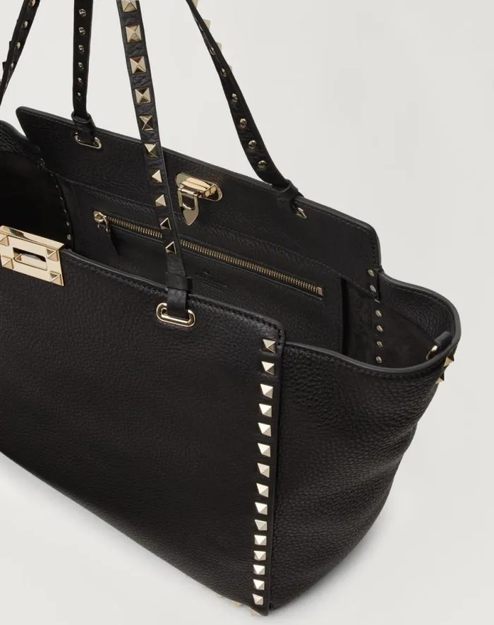 Valentino Totes Woman Medium Grainy Calfskin Rockstud Bag For Woman In Black Black Valentino Totes Woman Medium Grainy Calfskin Rockstud Bag For Woman In Black Black