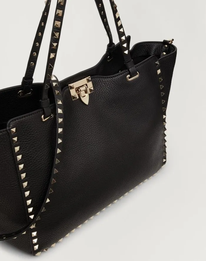 Valentino Totes Woman Medium Grainy Calfskin Rockstud Bag For Woman In Black Black Valentino Totes Woman Medium Grainy Calfskin Rockstud Bag For Woman In Black Black