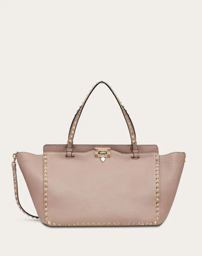 Valentino Totes Woman Medium Grainy Calfskin Rockstud Bag For Woman In Black Black Valentino Totes Woman Medium Grainy Calfskin Rockstud Bag For Woman In Black Black