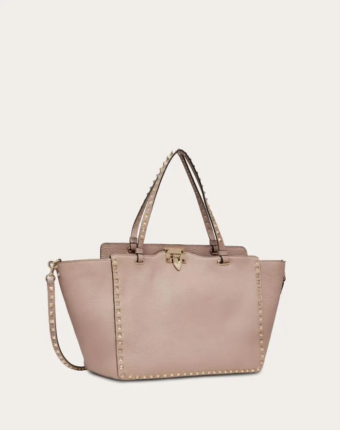 Valentino Totes Woman Medium Grainy Calfskin Rockstud Bag For Woman In Black Black Valentino Totes Woman Medium Grainy Calfskin Rockstud Bag For Woman In Black Black