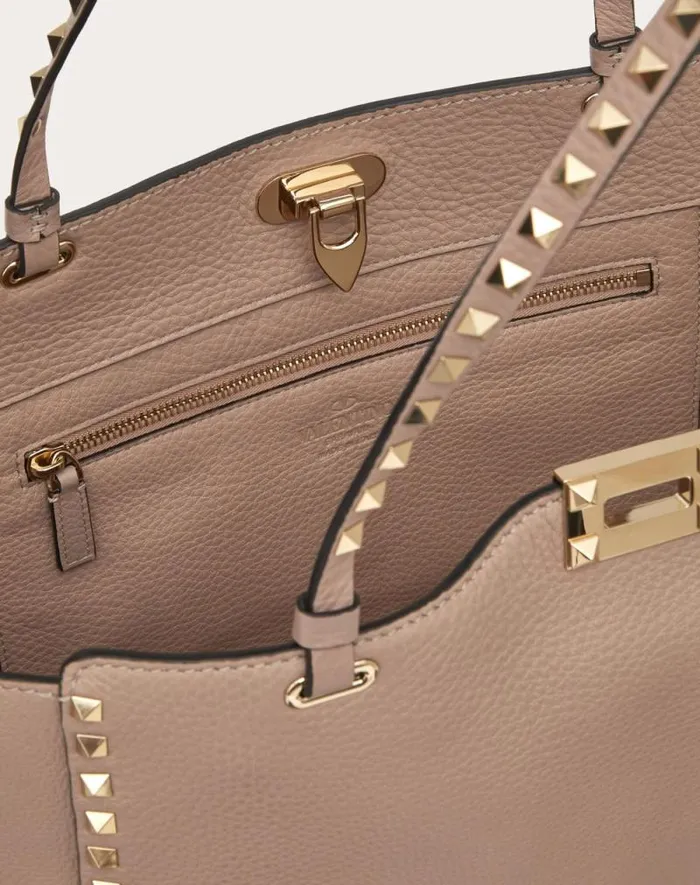Valentino Totes Woman Medium Grainy Calfskin Rockstud Bag For Woman In Black Black Valentino Totes Woman Medium Grainy Calfskin Rockstud Bag For Woman In Black Black