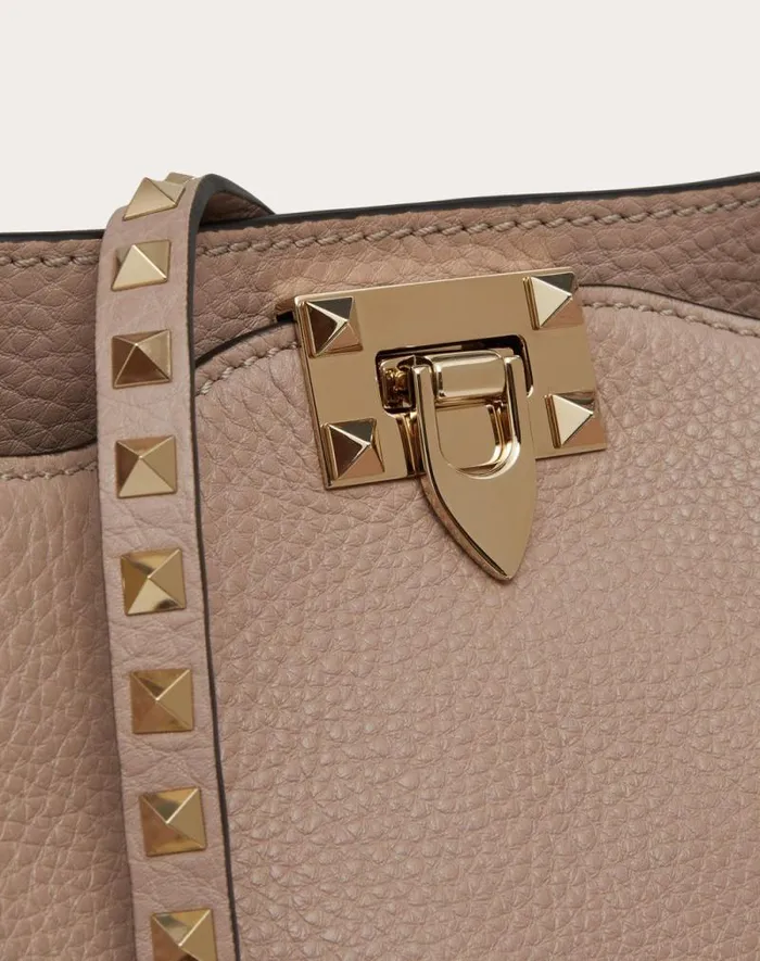 Valentino Totes Woman Medium Grainy Calfskin Rockstud Bag For Woman In Black Black Valentino Totes Woman Medium Grainy Calfskin Rockstud Bag For Woman In Black Black