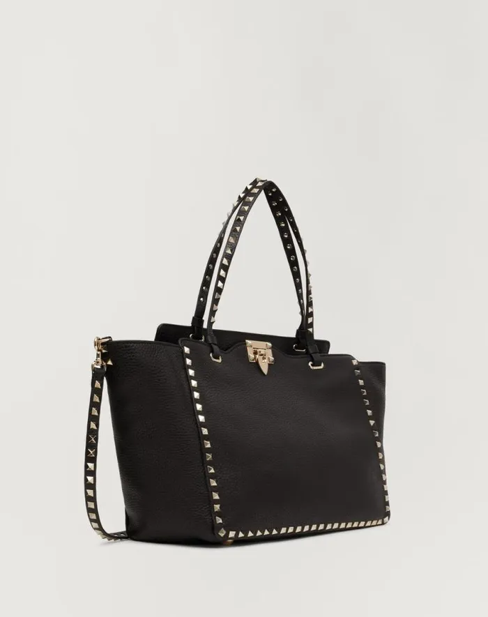 Valentino Totes Woman Medium Grainy Calfskin Rockstud Bag For Woman In Black Black Valentino Totes Woman Medium Grainy Calfskin Rockstud Bag For Woman In Black Black