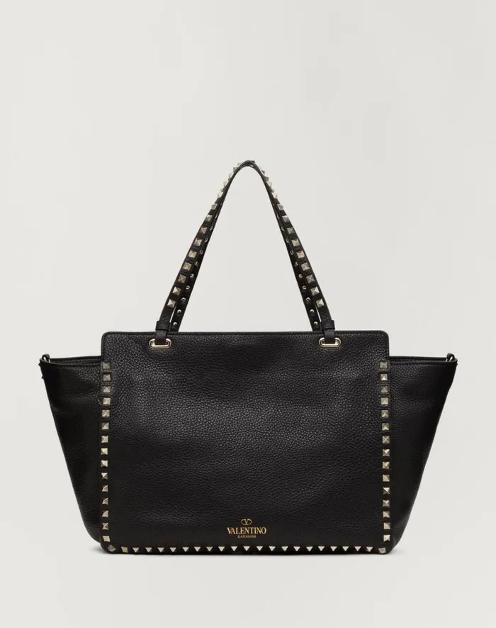 Valentino Totes Woman Medium Grainy Calfskin Rockstud Bag For Woman In Black Black Valentino Totes Woman Medium Grainy Calfskin Rockstud Bag For Woman In Black Black