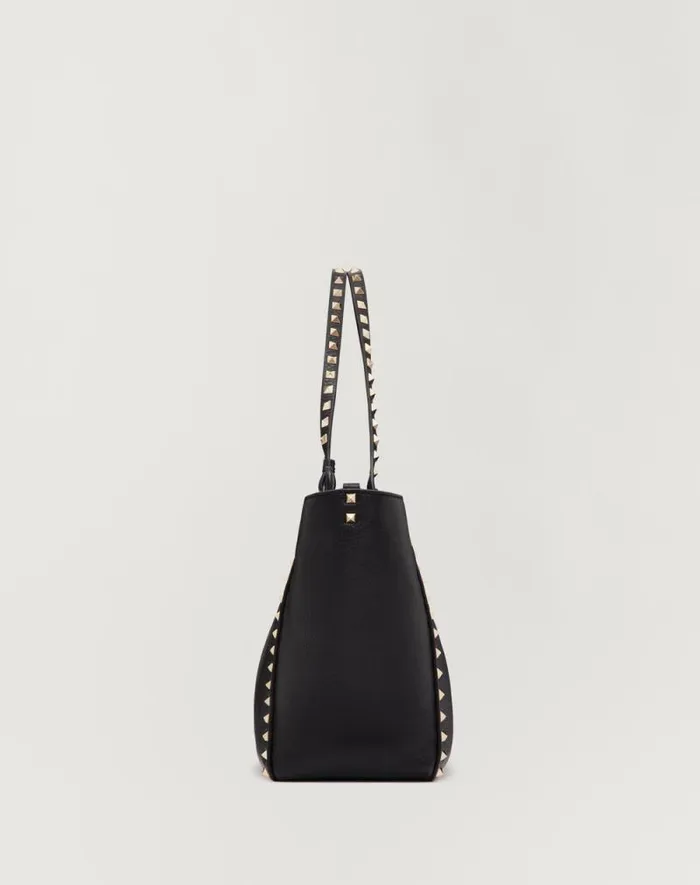 Valentino Totes Woman Medium Grainy Calfskin Rockstud Bag For Woman In Black Black Valentino Totes Woman Medium Grainy Calfskin Rockstud Bag For Woman In Black Black