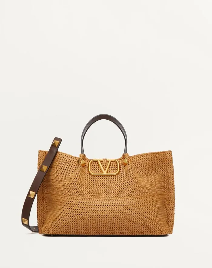 Valentino Totes Woman Medium Shopping Bag In Synthetic Raffia For Woman In Biscuitchocolate Biscuitchocolate Valentino Totes Woman Medium Shopping Bag In Synthetic Raffia For Woman In Biscuitchocolate Biscuitchocolate