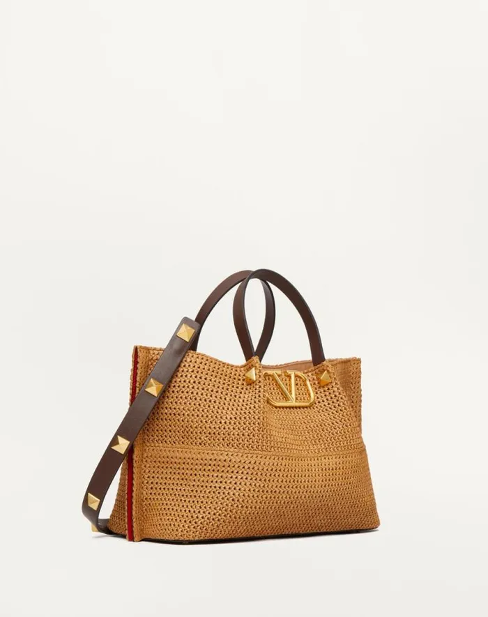 Valentino Totes Woman Medium Shopping Bag In Synthetic Raffia For Woman In Biscuitchocolate Biscuitchocolate Valentino Totes Woman Medium Shopping Bag In Synthetic Raffia For Woman In Biscuitchocolate Biscuitchocolate
