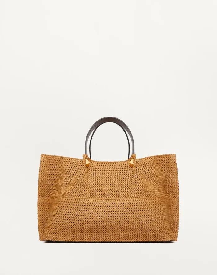 Valentino Totes Woman Medium Shopping Bag In Synthetic Raffia For Woman In Biscuitchocolate Biscuitchocolate Valentino Totes Woman Medium Shopping Bag In Synthetic Raffia For Woman In Biscuitchocolate Biscuitchocolate