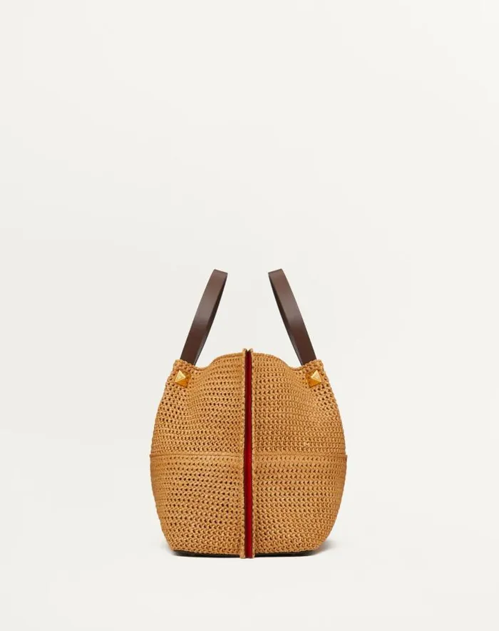 Valentino Totes Woman Medium Shopping Bag In Synthetic Raffia For Woman In Biscuitchocolate Biscuitchocolate Valentino Totes Woman Medium Shopping Bag In Synthetic Raffia For Woman In Biscuitchocolate Biscuitchocolate