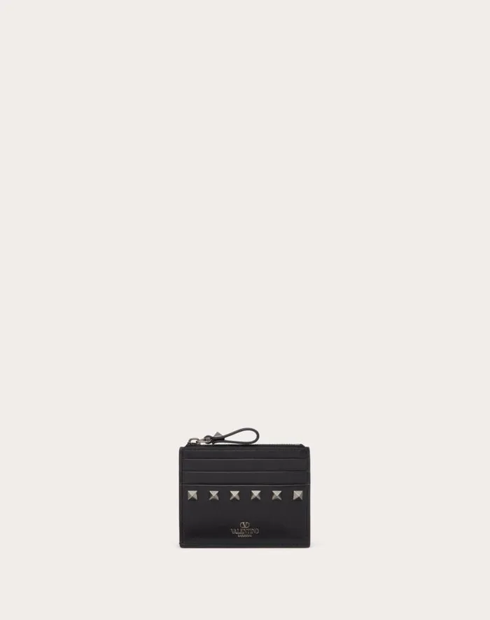Valentino Wallets And Small Leather Goods Woman Rockstud Calfskin Cardholder With Zipper For Woman In Black Black