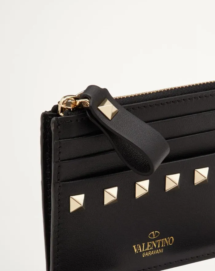 Valentino Wallets And Small Leather Goods Woman Rockstud Calfskin Cardholder With Zipper For Woman In Black Black