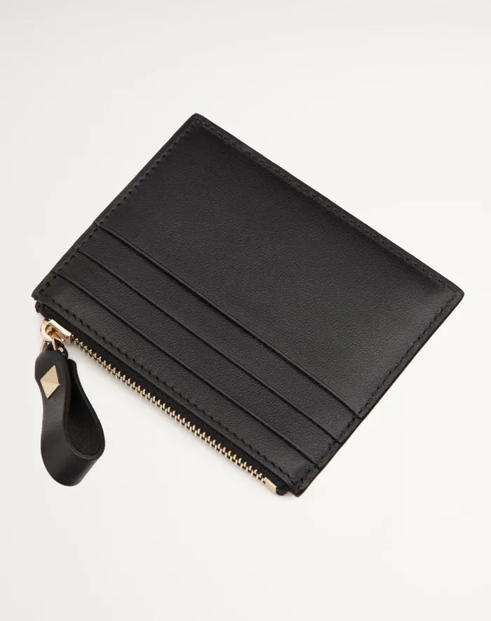 Valentino Wallets And Small Leather Goods Woman Rockstud Calfskin Cardholder With Zipper For Woman In Black Black