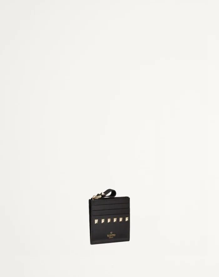 Valentino Wallets And Small Leather Goods Woman Rockstud Calfskin Cardholder With Zipper For Woman In Black Black