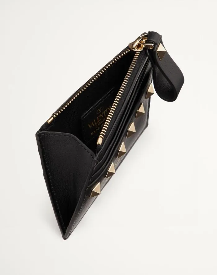 Valentino Wallets And Small Leather Goods Woman Rockstud Calfskin Cardholder With Zipper For Woman In Black Black
