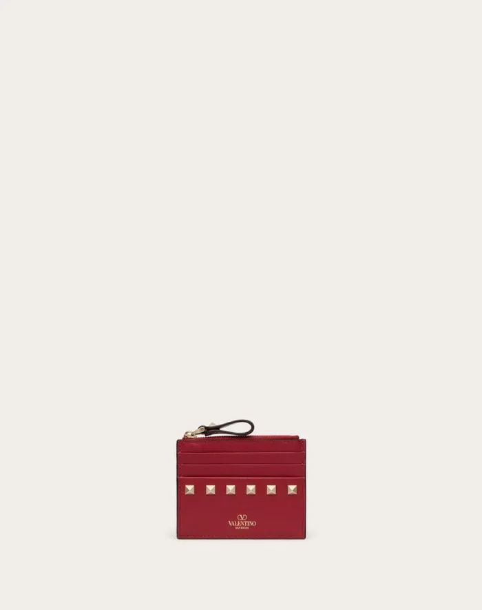 Valentino Wallets And Small Leather Goods Woman Rockstud Calfskin Cardholder With Zipper For Woman In Black Black