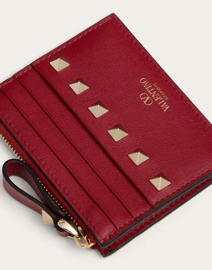 Valentino Wallets And Small Leather Goods Woman Rockstud Calfskin Cardholder With Zipper For Woman In Black Black