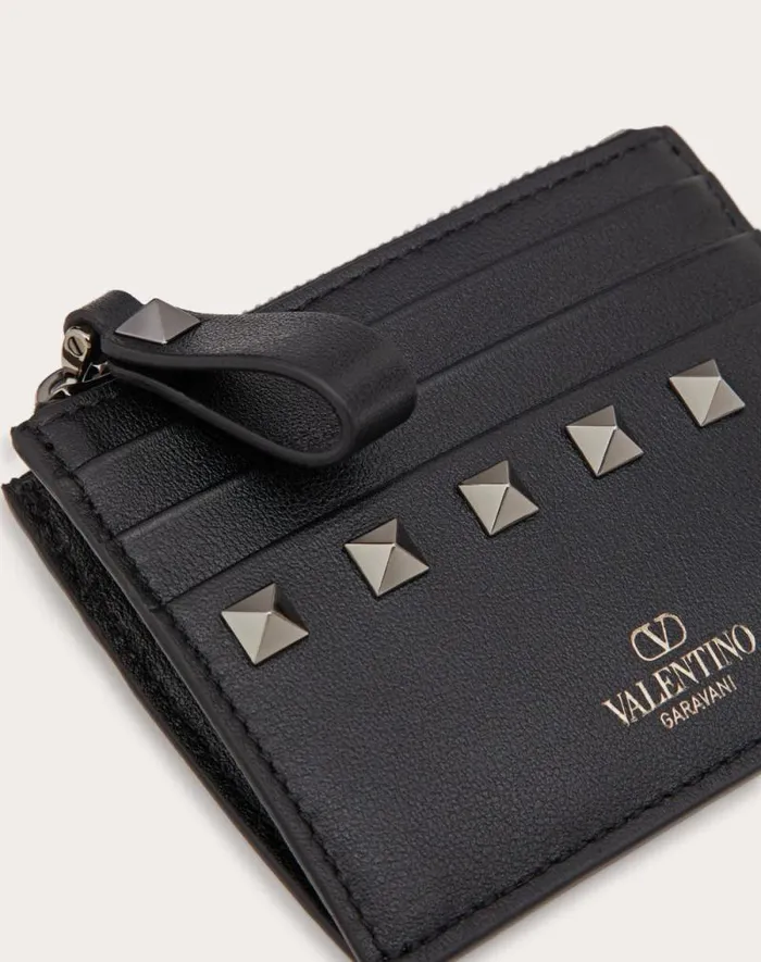 Valentino Wallets And Small Leather Goods Woman Rockstud Calfskin Cardholder With Zipper For Woman In Black Black