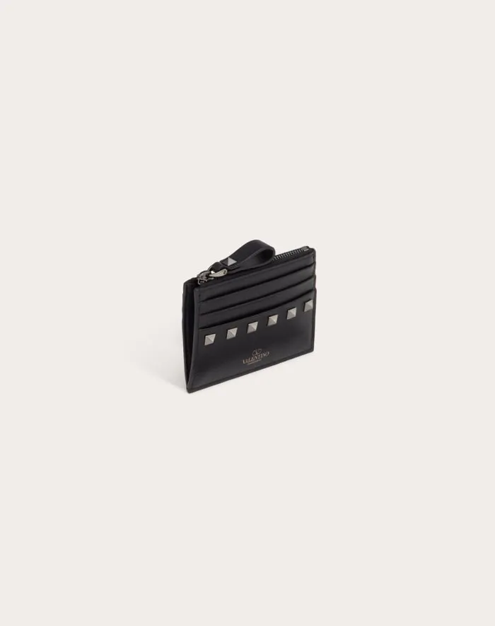 Valentino Wallets And Small Leather Goods Woman Rockstud Calfskin Cardholder With Zipper For Woman In Black Black