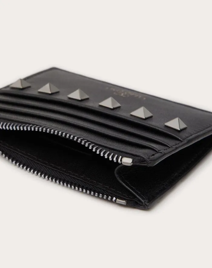Valentino Wallets And Small Leather Goods Woman Rockstud Calfskin Cardholder With Zipper For Woman In Black Black