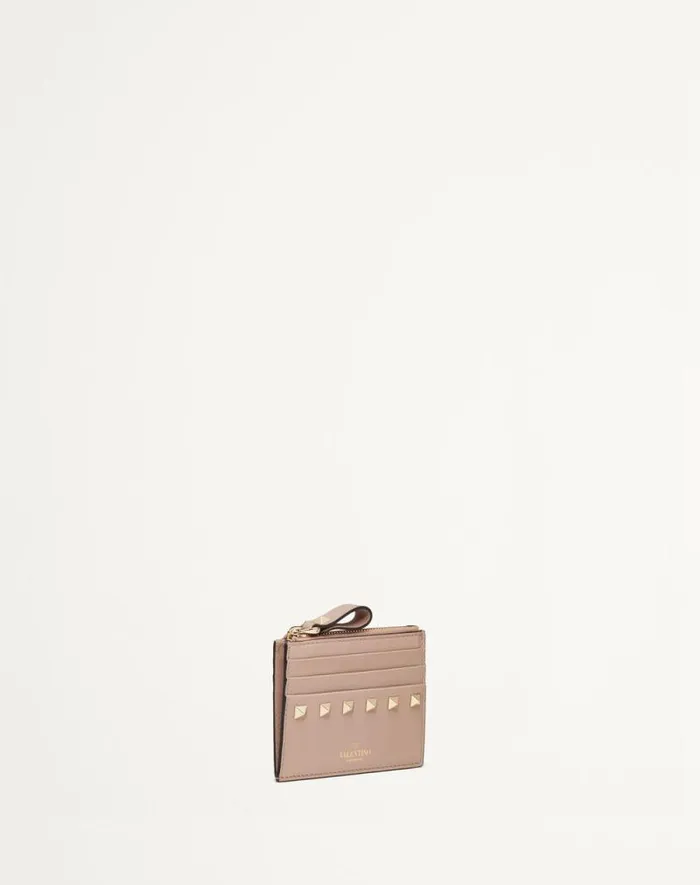 Valentino Wallets And Small Leather Goods Woman Rockstud Calfskin Cardholder With Zipper For Woman In Black Black