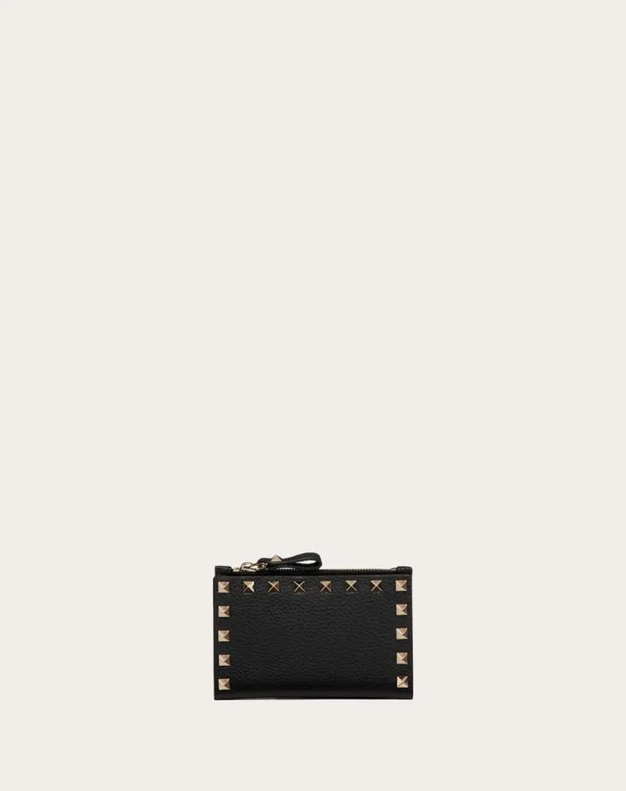 Valentino Wallets And Small Leather Goods Woman Rockstud Grainy Calfskin Cardholder With Zipper For Woman In Poudre Poudre