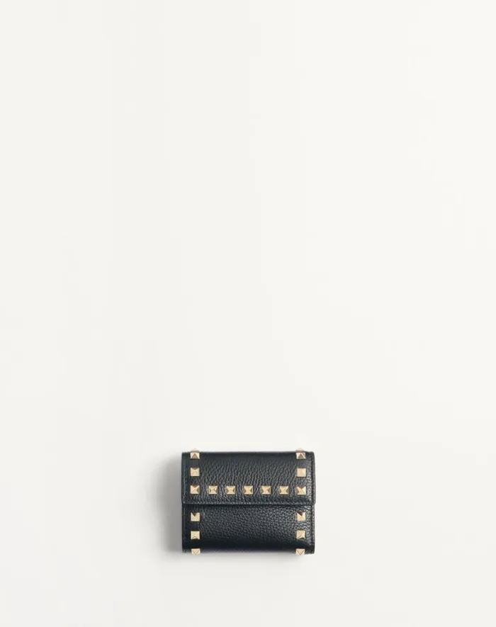 Valentino Wallets And Small Leather Goods Woman Rockstud Trifold Wallet In Grainy Calfskin For Woman In Sky Grey Sky Grey