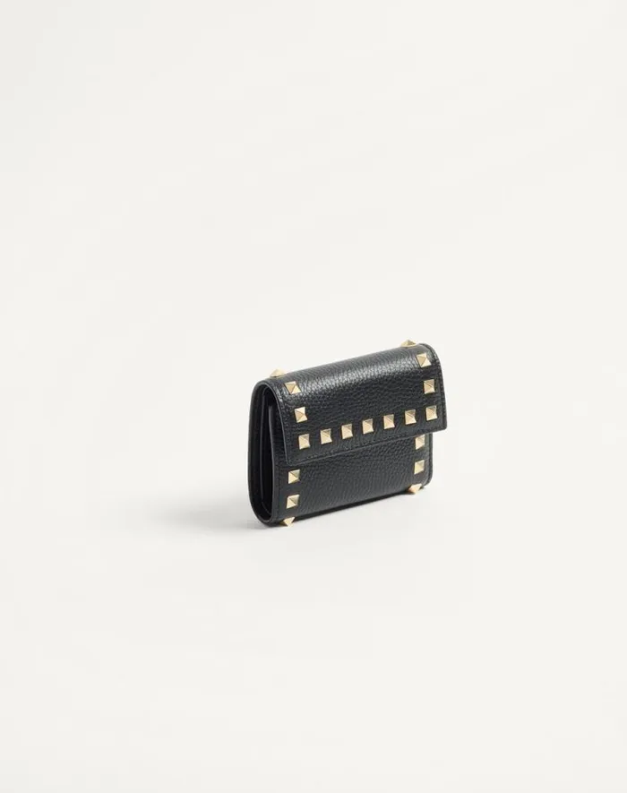 Valentino Wallets And Small Leather Goods Woman Rockstud Trifold Wallet In Grainy Calfskin For Woman In Sky Grey Sky Grey