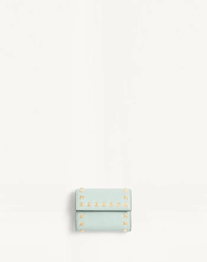 Valentino Wallets And Small Leather Goods Woman Rockstud Trifold Wallet In Grainy Calfskin For Woman In Sky Grey Sky Grey