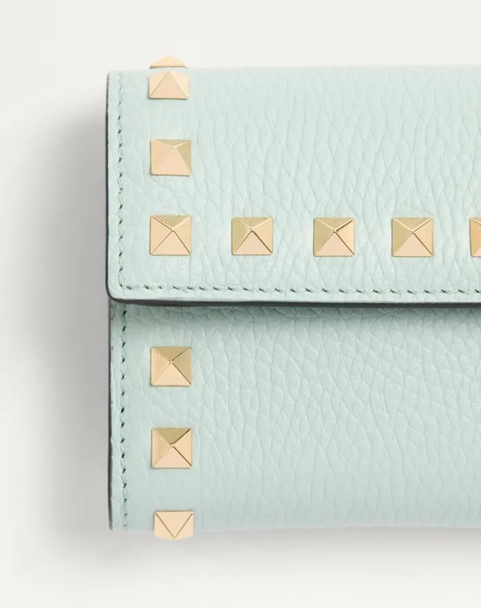 Valentino Wallets And Small Leather Goods Woman Rockstud Trifold Wallet In Grainy Calfskin For Woman In Sky Grey Sky Grey